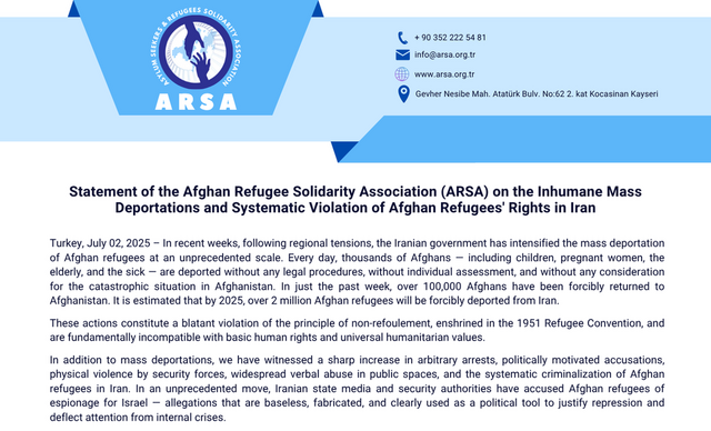 Statement of the Asylum Seekers and Refugee Solidarity Association (ARSA) on the Inhumane Mass Deportations and Systematic Violation of Afghan Refugees' Rights in Iran